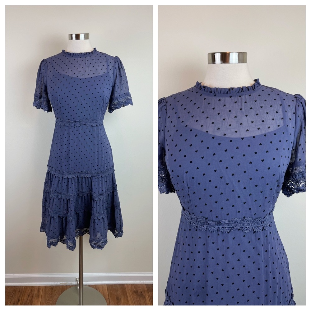 Aqua Blue Black Hearts Ruffle Lace Dress Women Size Small